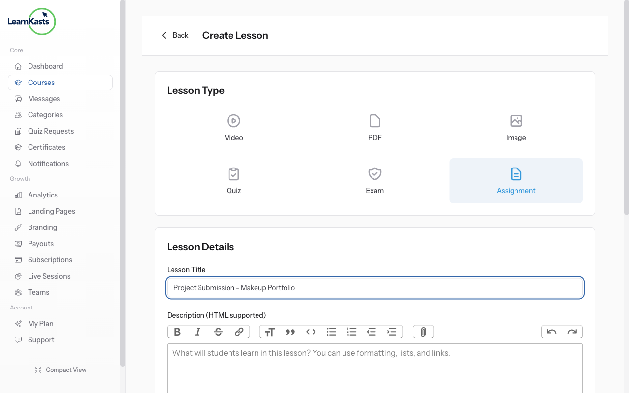 Create an assignment lesson