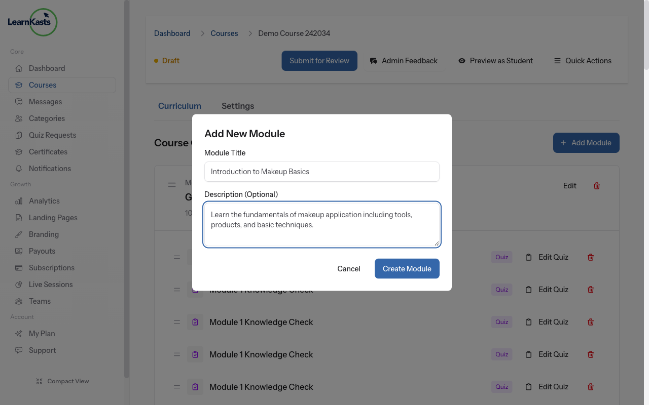 Module menu showing Edit and Delete options
