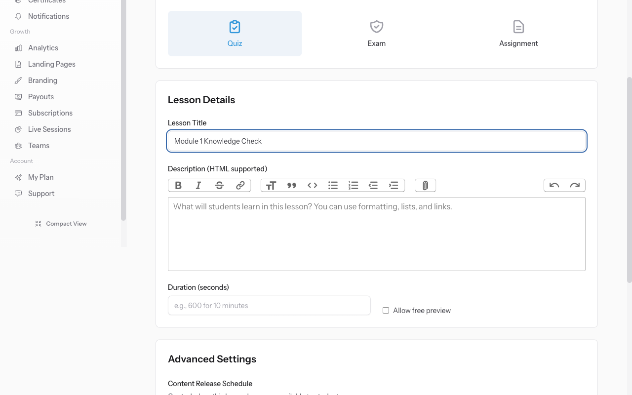 Create quiz and add questions