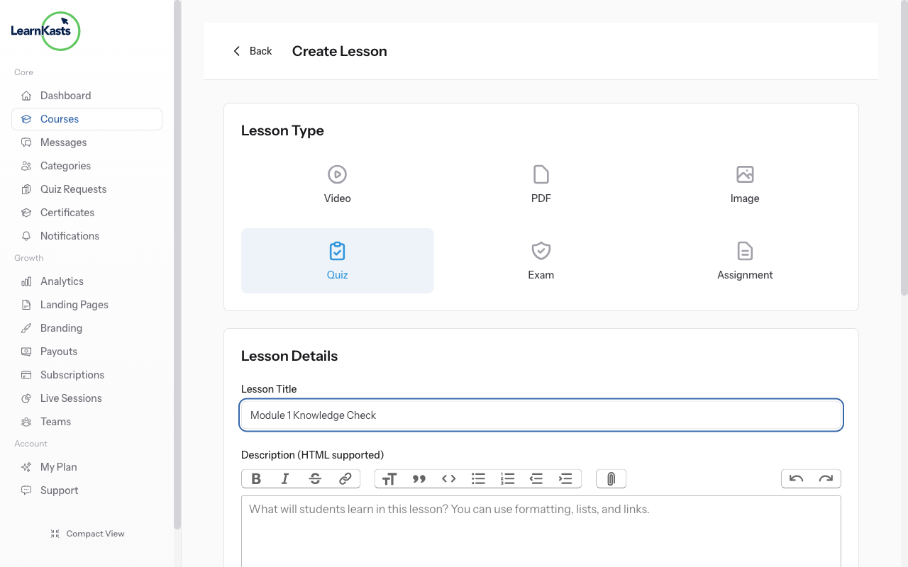 Enter quiz title and settings
