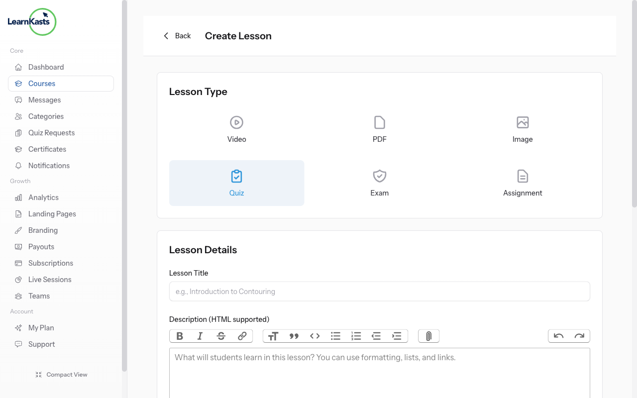 Select Quiz lesson type