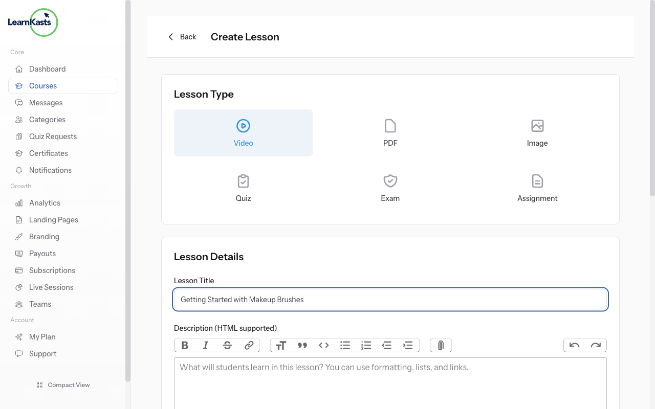 Lesson title and description fields